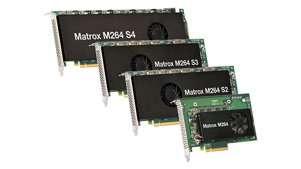 Matrox M264 H.264 codec cards shown at an angle