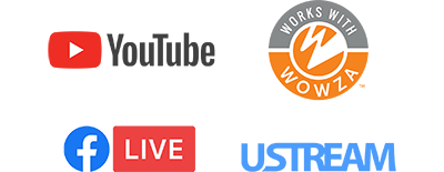 YouTube, Wowza, Facebook Live and Ustream logos