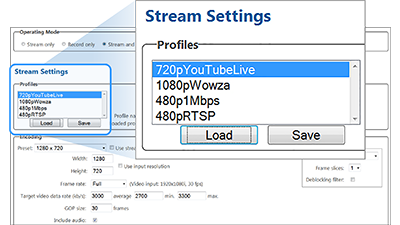 Screen grab of streaming and recording presets on Monarch HD