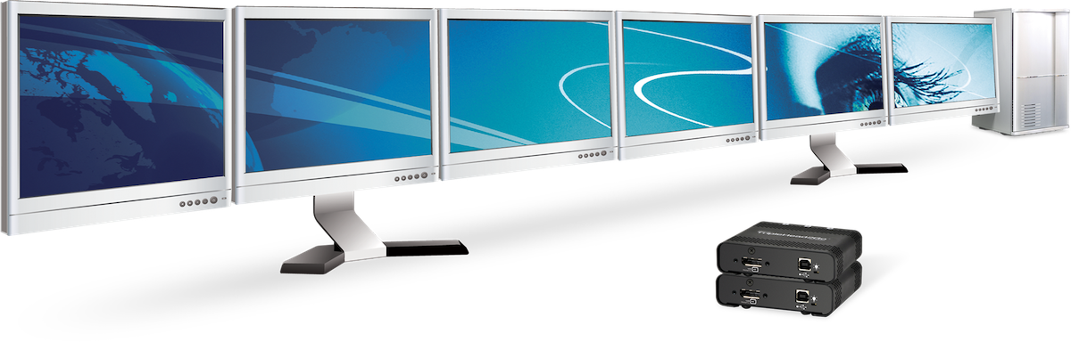 Two Matrox TripleHead2Go drive a six monitor configuration across a 6x1 stretched desktop