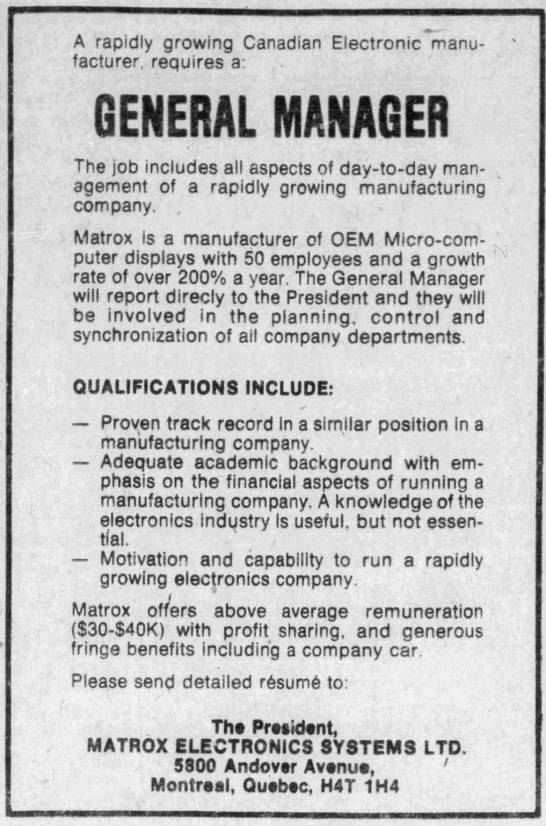 Classified Matrox General Manager Ad 1979